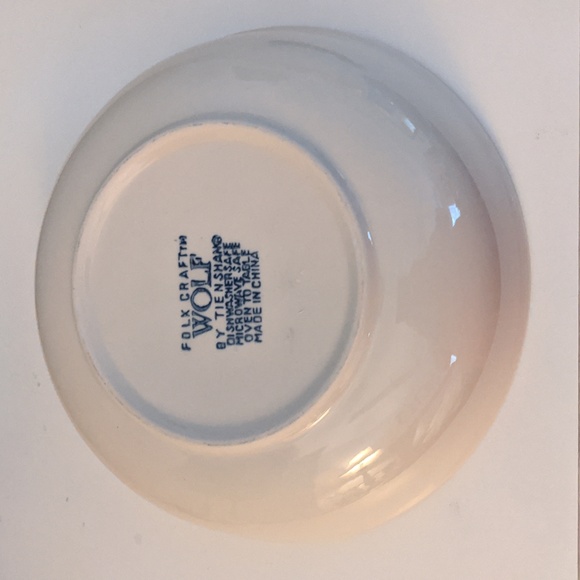 VTG Folk Craft Wolf 9" Serving Bowl spongewear stoneware blue cream by Tienshan - Picture 2 of 3